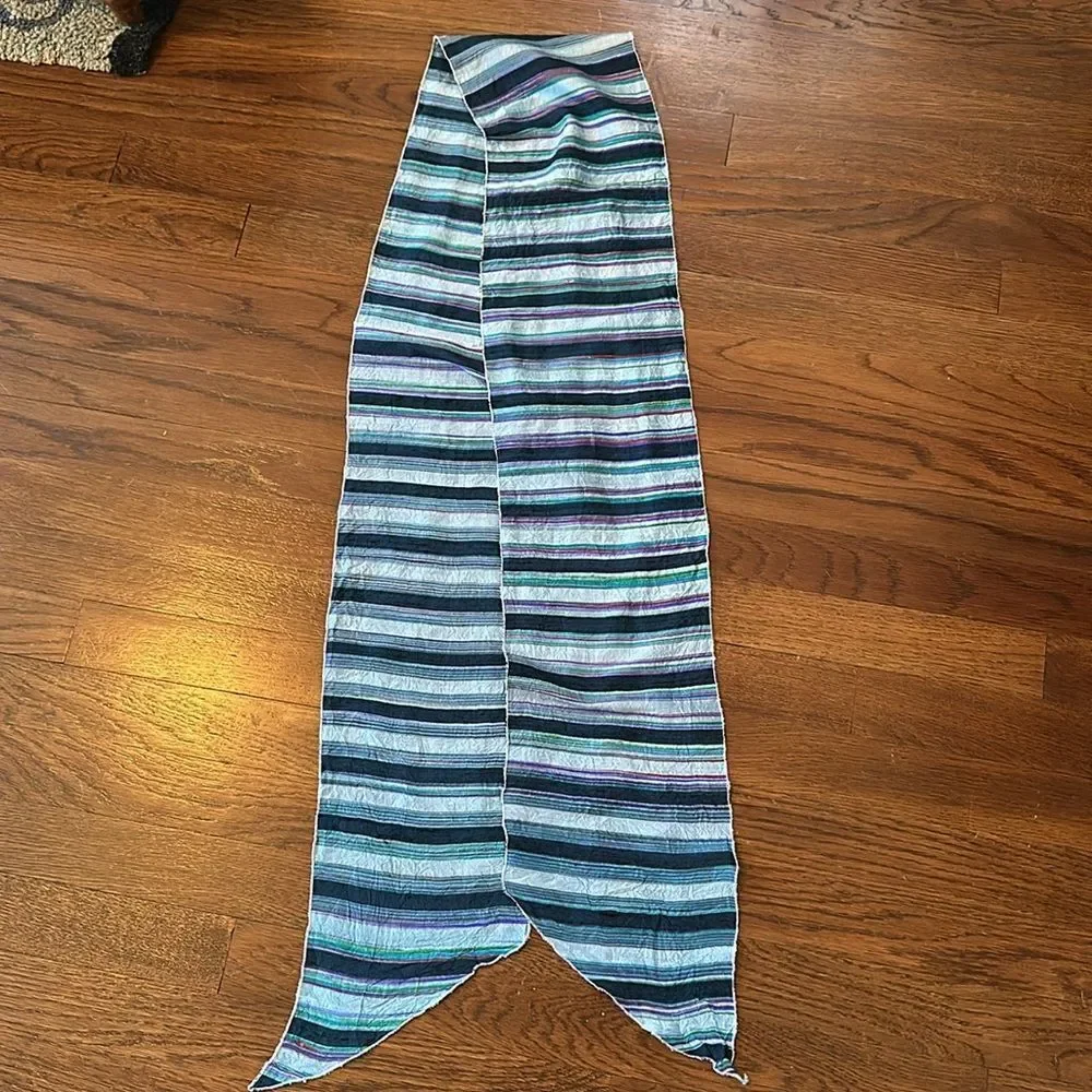 Striped‎ light blue, purple, green, red & navy blue striped shantung silk scarf